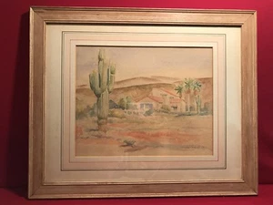 ¿Firmado por Charles Carrell? acuarela Southwest Adobe Casa Jardín Escena - Imagen 1 de 5