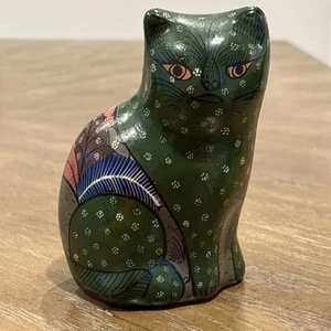 VTG Mexican Folk Art Colorful Green Hand Painted Pottery Cat Figurine 5” - Picture 1 of 15