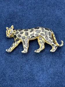 Vintage DOTTY SMITH Gold Tone Large Leopard Belt Buckle BLACK ENAMEL Jungle - Picture 1 of 9
