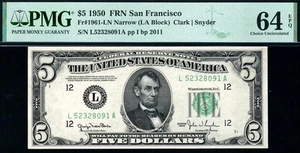 1950 $5 San Francisco *NARROW* Federal Reserve Note FRN • 1961-L • PMG 64 EPQ - Picture 1 of 2