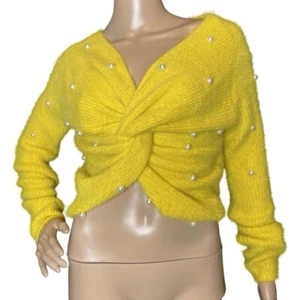 Mode Nova Gelb Fuzzy Pearl Detail CroppedTwist Langarmpullover Groß - Bild 1 von 11