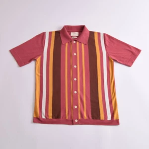 FAR AFIELD ROSE PINK PICCHI STRIPE FULL BUTTON FRONT POLO SHIRT - Picture 1 of 4
