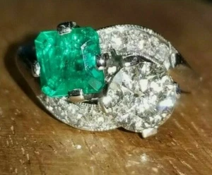 Anillo de boda Asscher verde con antiguo corte europeo, anillo de boda antiguo rt Deco - Imagen 1 de 6