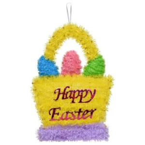 Happy Easter Basket With Eggs 12.5 x 8.5 Tinsel Door Wall Hanger FREE SHIPPING - Picture 1 of 6
