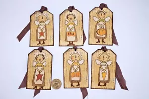 6-Herbst-Herbst-Primitiv-Bauernhaus-Engel-Zeitschriften-Leinenkarton-Geschenk-Hänge-Etiketten - Bild 1 von 1