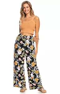 Roxy Inside Rhythm Beach Pants Womens Size L Black Floral Smocked Waist Wide Leg - Picture 1 of 16