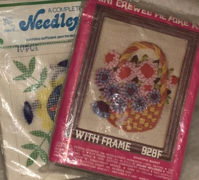 Vogart  mini CREWEL EMBROIDERY Kits LOT of (2) “Bountiful basket 928F” and BONUS Foto 1 de 4