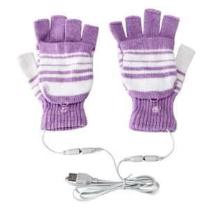 USB Heated Warm Gloves Half Finger Winter Heating Knitting Mittens Purple 5V - Picture 1 of 5