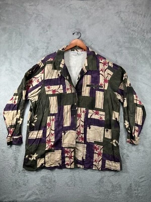 女式上衣衬衫加 3X 真丝 Liz Baker 绿色花卉纽扣长袖复古 — 第 1/4 张图片