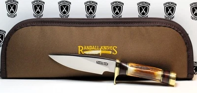 ВИНТАЖНЫЙ RANDALL СДЕЛАНО МОДЕЛЬ 25 ОЛЕНЬ ОХОТНИК ЛАТУНЬ ПРЕДОХРАНИТЕЛЬ КОЖАНЫЙ ЧЕХОЛ И МЕШОЧЕК NR - Изображение 1 из 4
