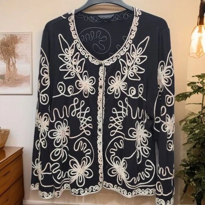 Investments II Cardigan Womens 3X Black Cream V-Neck Button Up Embellished  - Image 1 of 4