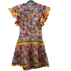 Entro Kleid Zackenlitze Details Blumendruck bunt Ric Rac Tulpen gefüttert L Neu mit Etikett - Bild 1 von 9