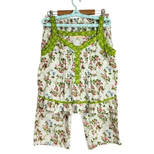 La Cera Size Medium Pajama Set White Floral Cotton 2 Pc PJs Tank Top Pant Pocket - Picture 1 of 14