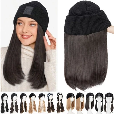 Mujeres Gorro Tejido Sombrero Peluca Recta Ondulada Pelo Sintético Invierno Gorra Slouchy EE. UU. Foto 1 de 4