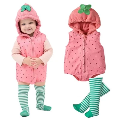 0-18M Bebé Niñas Fresa Disfraz Sudadera con Capucha Mameluco Body Medias Sin Mangas Foto 1 de 4