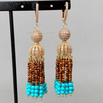 Pendientes amarillos ojo de tigre azul turquesa circonita cúbica pavé tapa palanca Foto 1 de 4