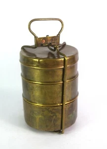 Old 3 Compartment Brass Lunch Carrier Indian Metal Made Tiffin Box. G66-719 - Picture 1 of 10