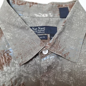 NAT NAST 100% Linen American Fit Short Sleeve Shirt Sz XL Gray Brown Floral AOP - Picture 1 of 8