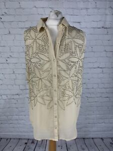 River Island Beige Beaded Blouse Sleeveless Button Up Size 10 Womens (HD13)