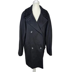 Kasper Womens Black Double Breasted Wool Blend Coat Faux Fur Collar Made USA - Picture 1 of 8