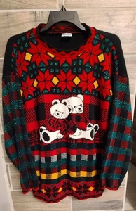 Vintage Squeeze Me Ugly Pullover Damen schwarz rot kariert Bären Weihnachtsstern M-L - Bild 1 von 6