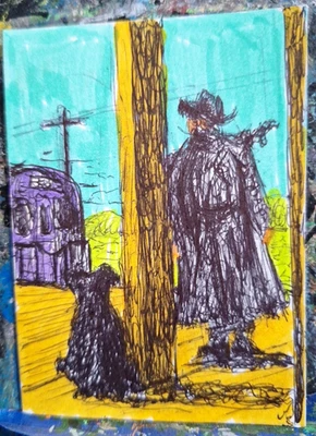 Vaquero y perro esperando al tipo ACEO ATC ROBLE ORIGINAL 3,5 x 2,5 pulgadas Foto 1 de 3