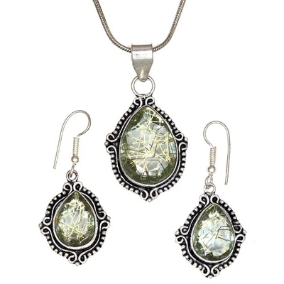 Conjunto de pendientes de oro rutilo joyería 18-20"" colgante cuarzo esterlina Foto 1 de 4