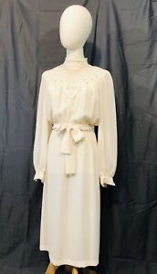 Vintage Lace Chiffon Dress Small Womens Ivory Belt High Neck Long Sleeved 1980