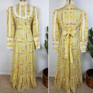 Vintage Maxi Dress Prairie Cottagecore Bohemian Victorian Lace Puff Sleeves sz 6 - Picture 1 of 12