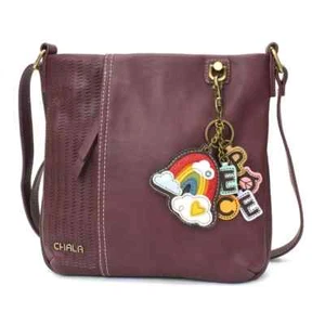 New Chala LASER CUT Crossbody Messenger Bag Plum Purple RAINBOW PEACE Key Chain - Picture 1 of 8