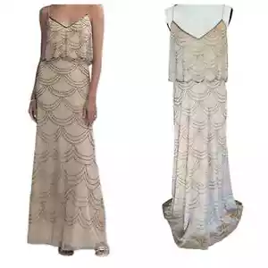Maxi Vestido de Dama de Honor ADRIANNA PAPELL PLATINUM Champagne Cuentas Talla 12#40114 - Imagen 1 de 14