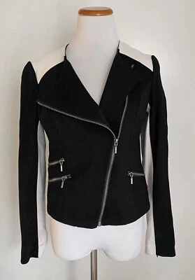 Chaqueta de Moto Asimétrica INC Bloque de Color Blanco y Negro, Bolsillos con Cremallera, S Foto 1 de 4