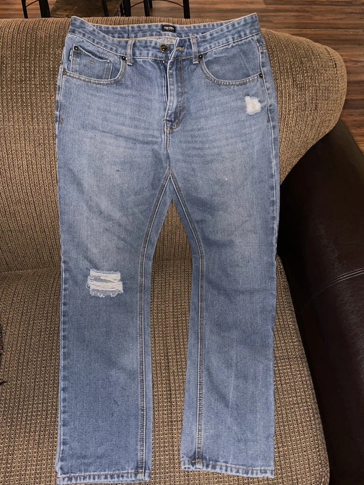 Jeans jeans vintage angustiado Zoo York 32x32 rasgado azul desbotado raro - Imagem 1 de 4