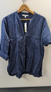 Anne Klein Jeans Button Up Chest Pocket Cosmos Cammie Blue Gold Buttons Size M - Picture 1 of 9