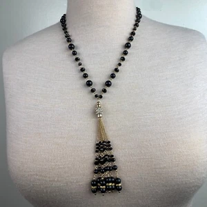 Black Bead & Gold Tone Rhinestone Tassel Necklace 26" - Picture 1 of 8