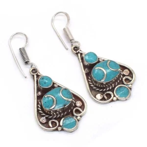 Hamsa Hand Design Turquoise Gemstone Handmade Tibetan Jewelry Earring 2" Q722 - Picture 1 of 5