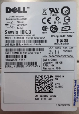 Dell 146GB 10K RPM 2.5" SAS 6Gb/s Enterprise Hard Drive | P/N 0X160K | - Image 1 of 2