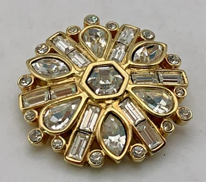 Signed Swan Swarovski Crystal Gold Plated Round Brooch - Picture 1 of 4