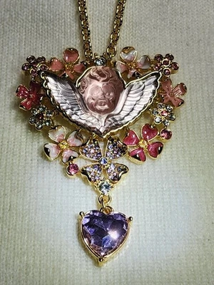 Kirks Folly Style Enchanted Garden Cherub Pin Or  Pendant With Chain Peach Pink - Image 1 of 4