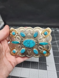 Vintage 1960’s Nickel Silver Belt Buckle with Turquoise Southwest Design - Picture 1 of 8