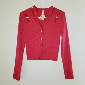 By Anthropologie V-Neck Strappy Cardigan Ribbed Sweater Womens Red Small Cropped - Picture 1 of 8