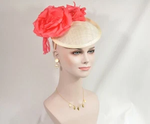 Ivory/Coral Silk Flower with Sinamay Fascinator Hat Kentucky Derby Wedding Tea - Picture 1 of 4