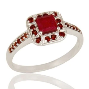 925 Sterling Silver Ruby Natural Corundum and Garnet Gemstone Halo Style Ring - Picture 1 of 5