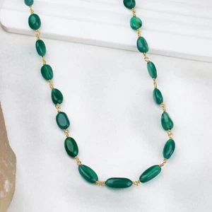 Green Onyx Oval Solid 925 Silver Chain Beaded Necklace Jewelry Gift for Women - Picture 1 of 12