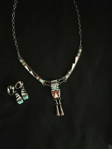 D. Lucio Zuni Set Collana E Clip Orecchini Argento Sterling Corallo Turchese - Foto 1 di 4