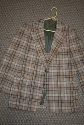 Vintage 1970s Brown Plaid Polyester Jacket Blazer Sport Coat 44R - Image 1 of 4