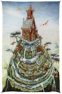 Mountain House Soft Art Print Tapestry by Mike Dubois Trippy Castle Gnome Home - Picture 1 of 4