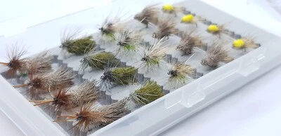 FLIES-R-US Barbless Caddis Sedges x20 Assorted Dry Fly Box Selection Trout Fishing Flies