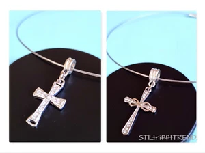 HALSREIF HALSKETTE DRAHT 45cm silber mit KREUZ ANHÄNGER weiße SCHMUCKSTEINE - Bild 1 von 5