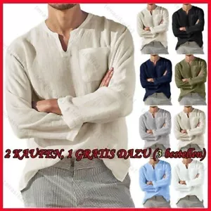 Herren Leinen-Optik Langarmshirt Hemd Stehkragen Freizeit Hemden Täglich T-Shirt - Bild 1 von 17